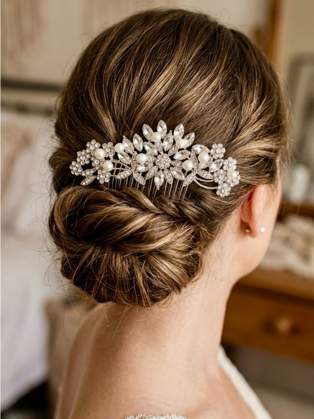 Silver Crystal & Pearl Floral Hair Comb - Women Accessories